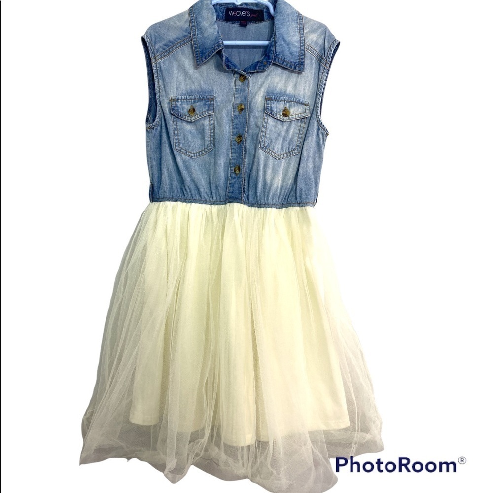 🌿Weavers Girl blue denim cream tulle dress shirt sleeve Sz 10 Y-19